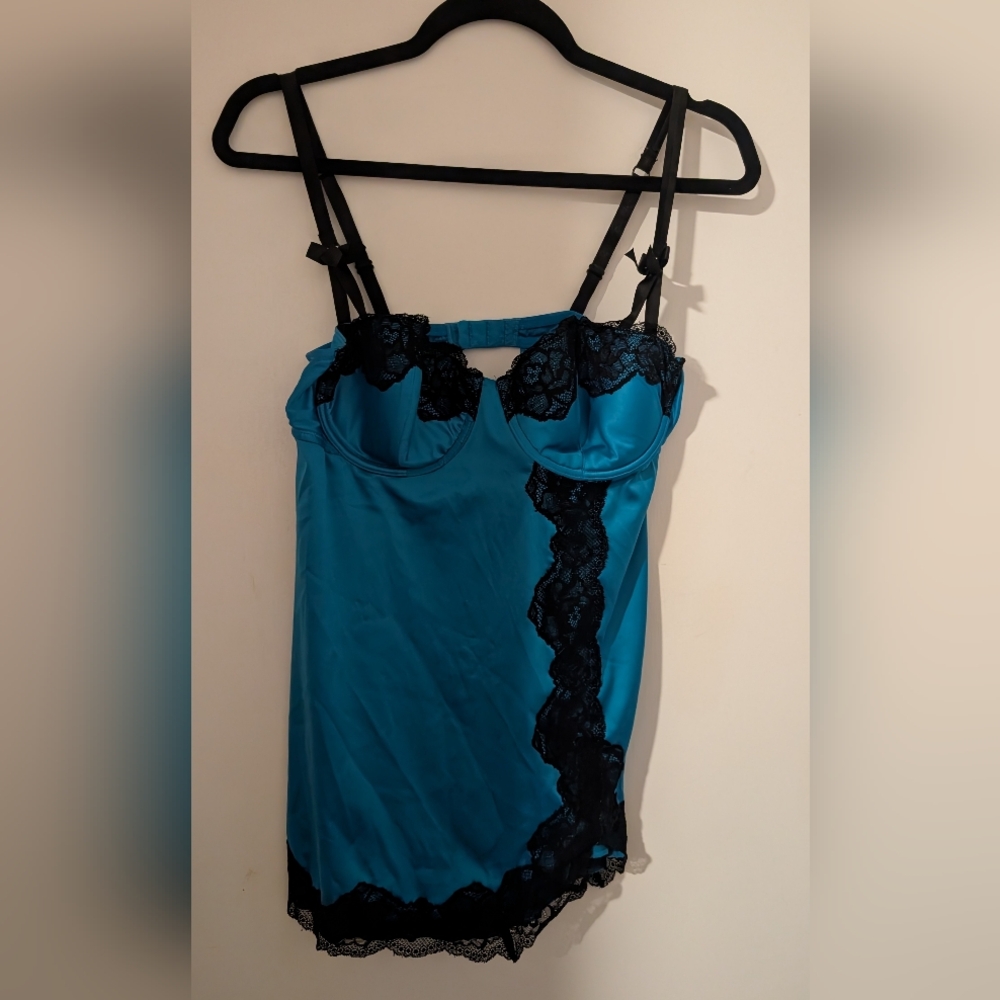 La SENZA Teal Satin Chemise with Black Lace